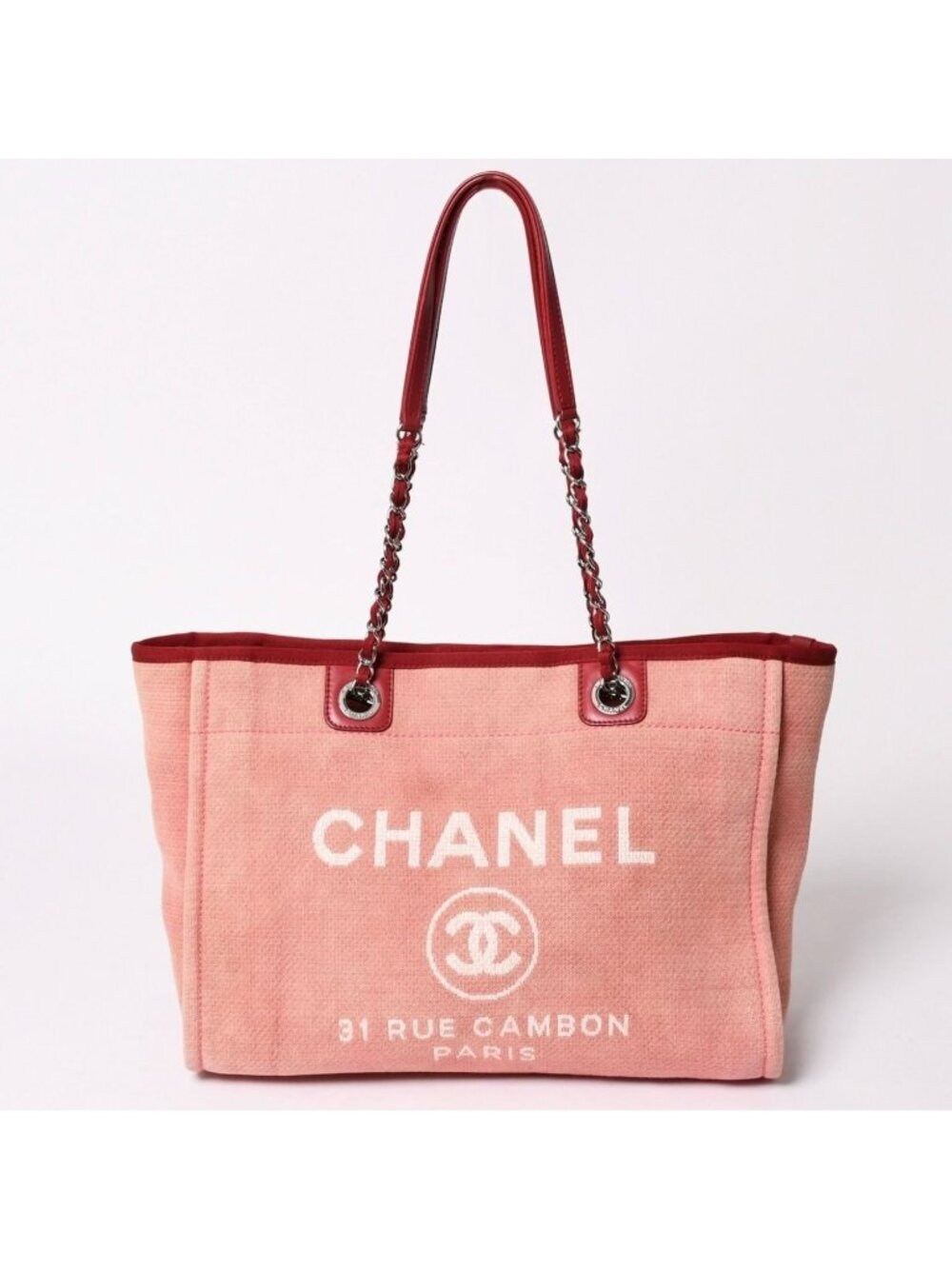 Chanel Deauville MM Chain Tote Bag CC Logo Pink Canvas Leather Silver